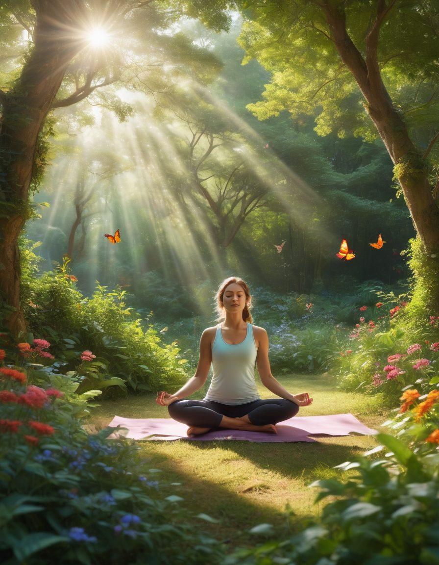 A serene landscape depicting a diverse group of individuals engaging in joyful outdoor activities like yoga, meditation, and laughter, surrounded by lush greenery and vibrant flowers. Include elements of warmth and harmony, such as sunlight filtering through trees and butterflies fluttering around. The scene should evoke a sense of peace and well-being, capturing the essence of a healthy lifestyle. super-realistic. vibrant colors. peaceful atmosphere.