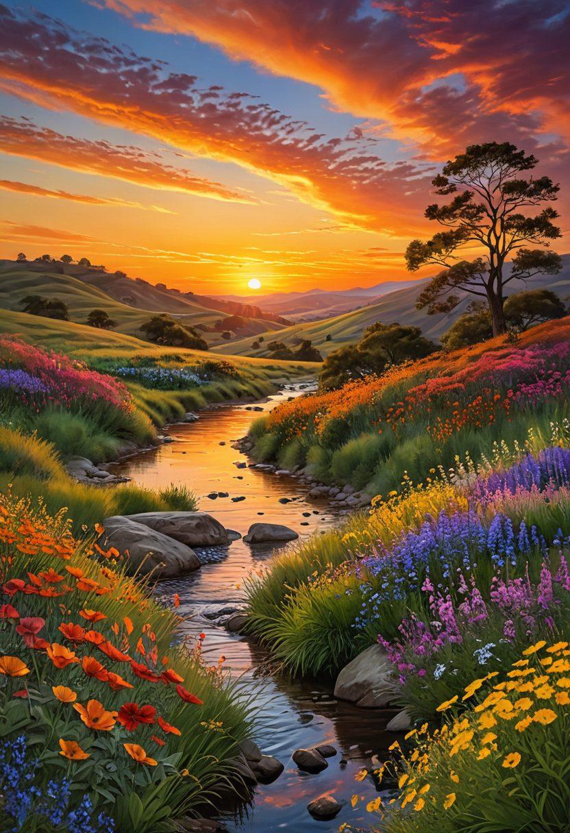 A serene landscape showcasing a vibrant sunset over rolling hills, with diverse people engaging in joyful activities like yoga, meditation, and laughter amidst blooming wildflowers. Emphasize a bright color palette that radiates warmth and positivity, capturing the essence of happiness and community. Include elements like a flowing stream and birds in the sky to symbolize freedom and joy. super-realistic. vibrant colors. peaceful atmosphere.