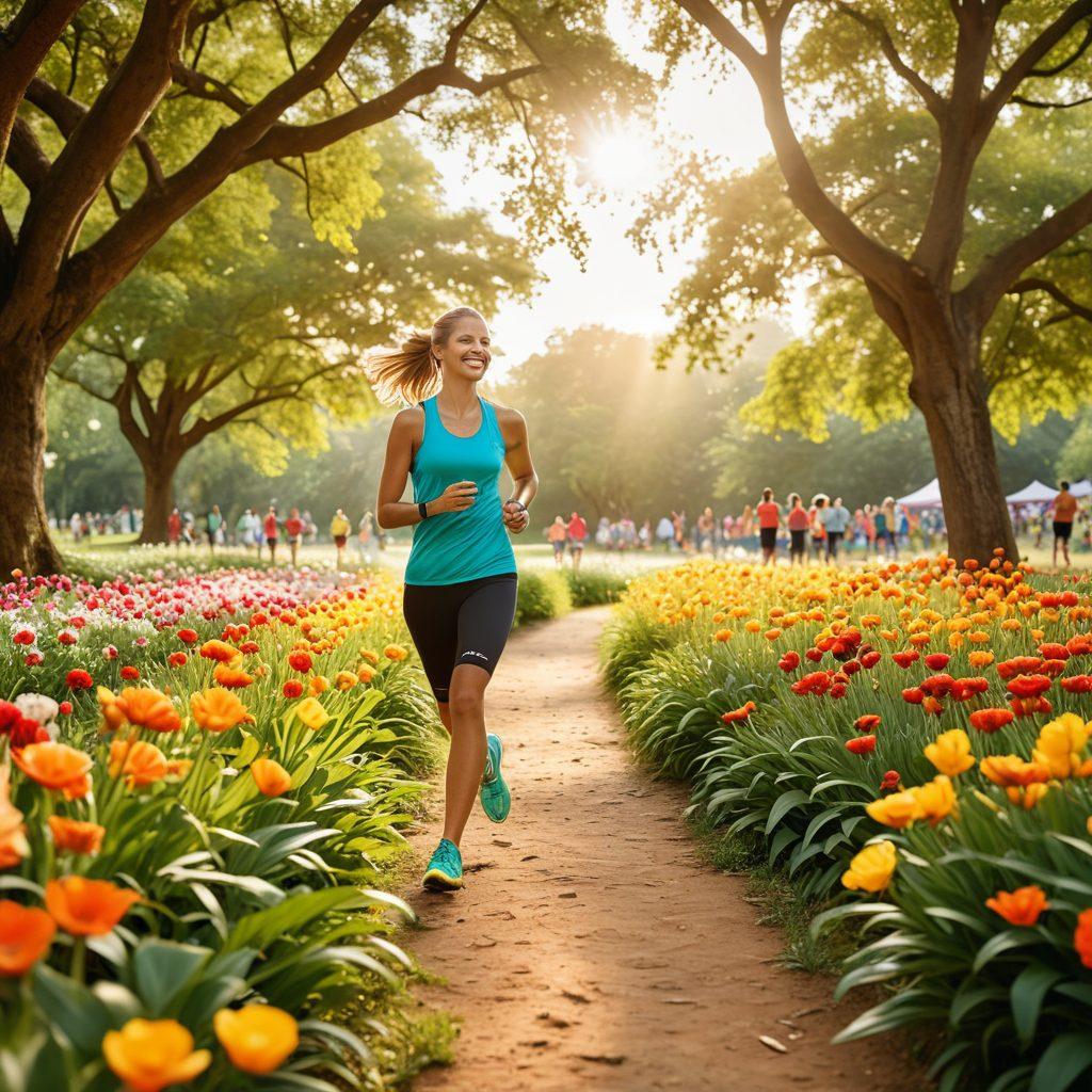 A serene landscape depicting a group of diverse people joyfully engaging in various outdoor activities like jogging, yoga, and picnicking, surrounded by lush greenery and vibrant flowers. The scene exudes happiness and camaraderie, with sunshine illuminating the smiles of the participants. Incorporate elements of running shoes and wellness symbols subtly in the background to emphasize the Sacouny lifestyle. The overall atmosphere should feel warm and inviting. bright colors. super-realistic.